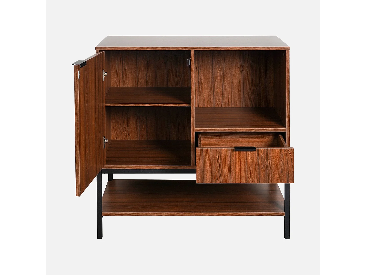Buffet en décor noyer et pieds et poignées en métal noir L 80cm - 1 porte. 1 tiroir et 2 étagères. buffet haut. vaisselier