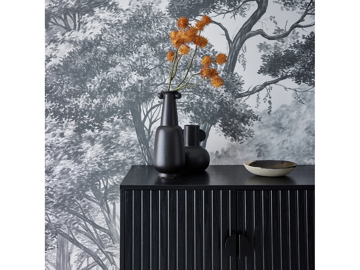 Credenza effetto legno con scanalature nere 2 ante, 80cm, Bazalt, Nero, 80x39x92.5 cm