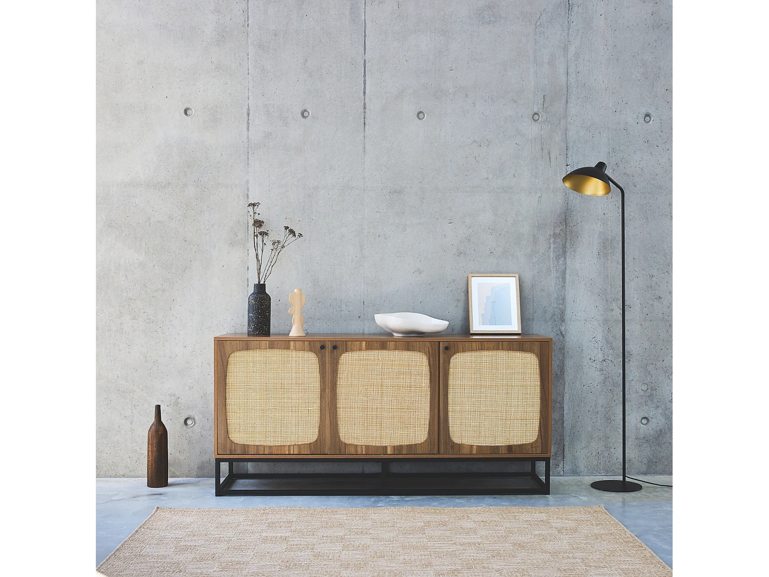 Credenza a 3 ante arrotondate in legno e canna, 160cm, marrone