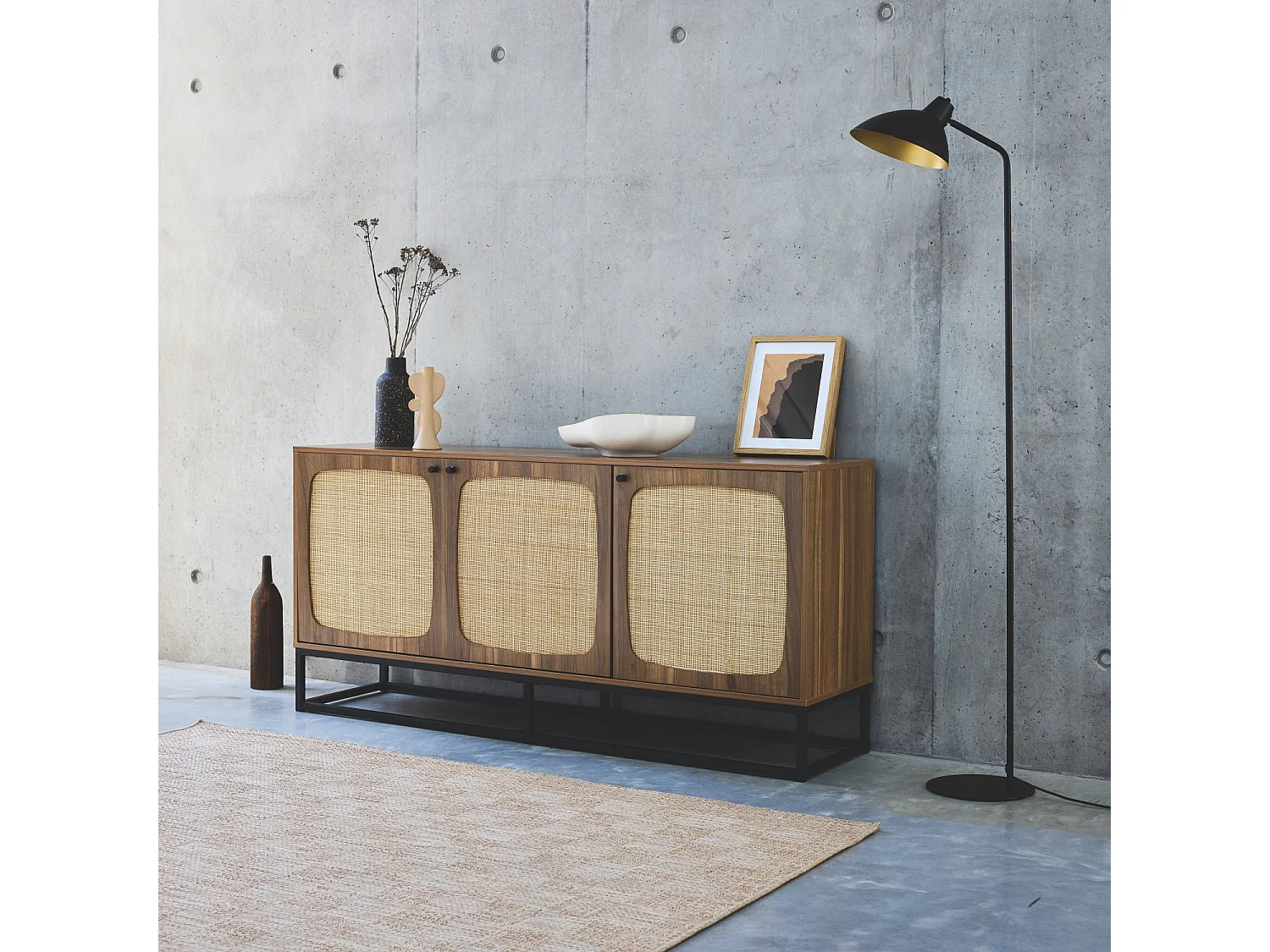 Credenza a 3 ante arrotondate in legno e canna, 160cm, marrone