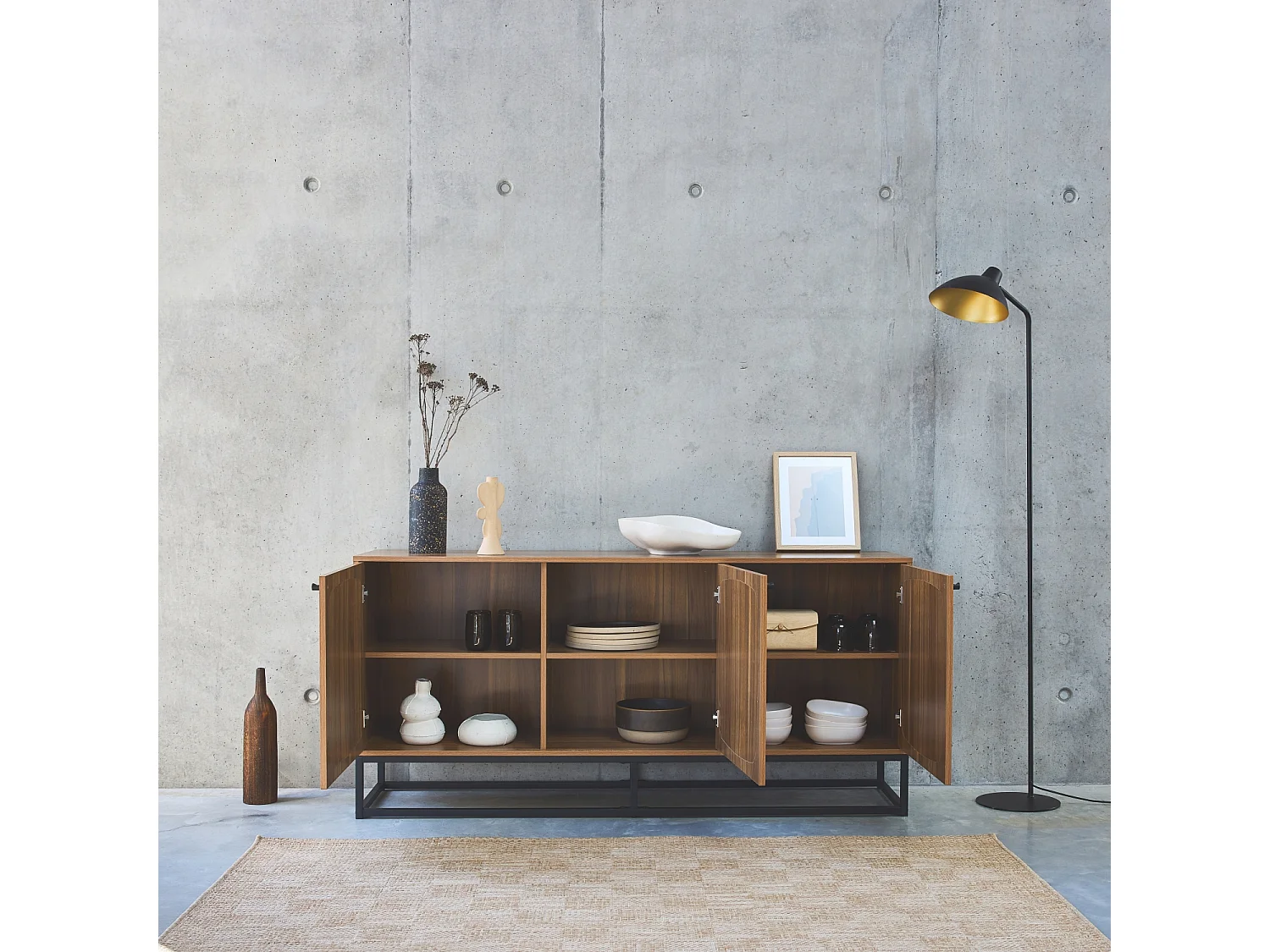 Credenza a 3 ante arrotondate in legno e canna, 160cm, marrone