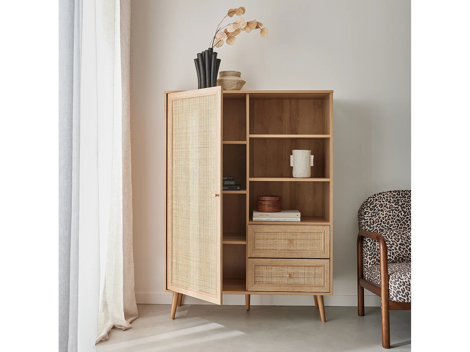 Aparador con efecto de caña y madera de 2 cajones, 101cm natural