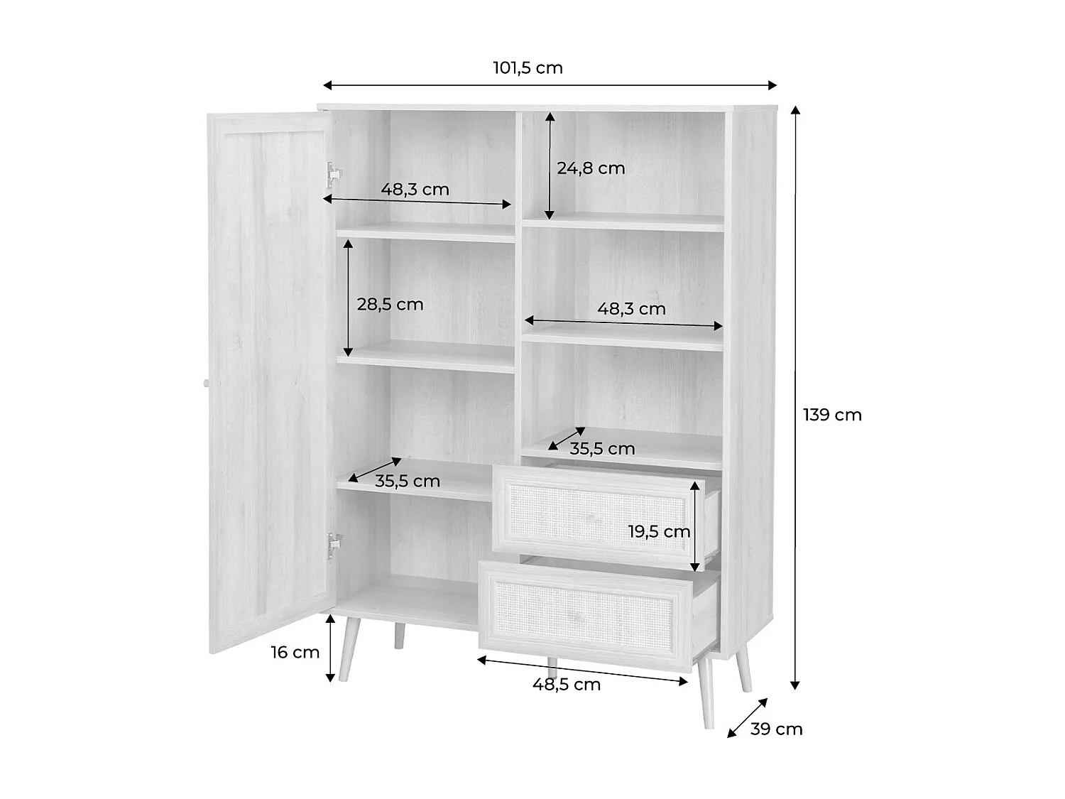 Aparador con efecto de caña y madera de 2 cajones, 101cm natural
