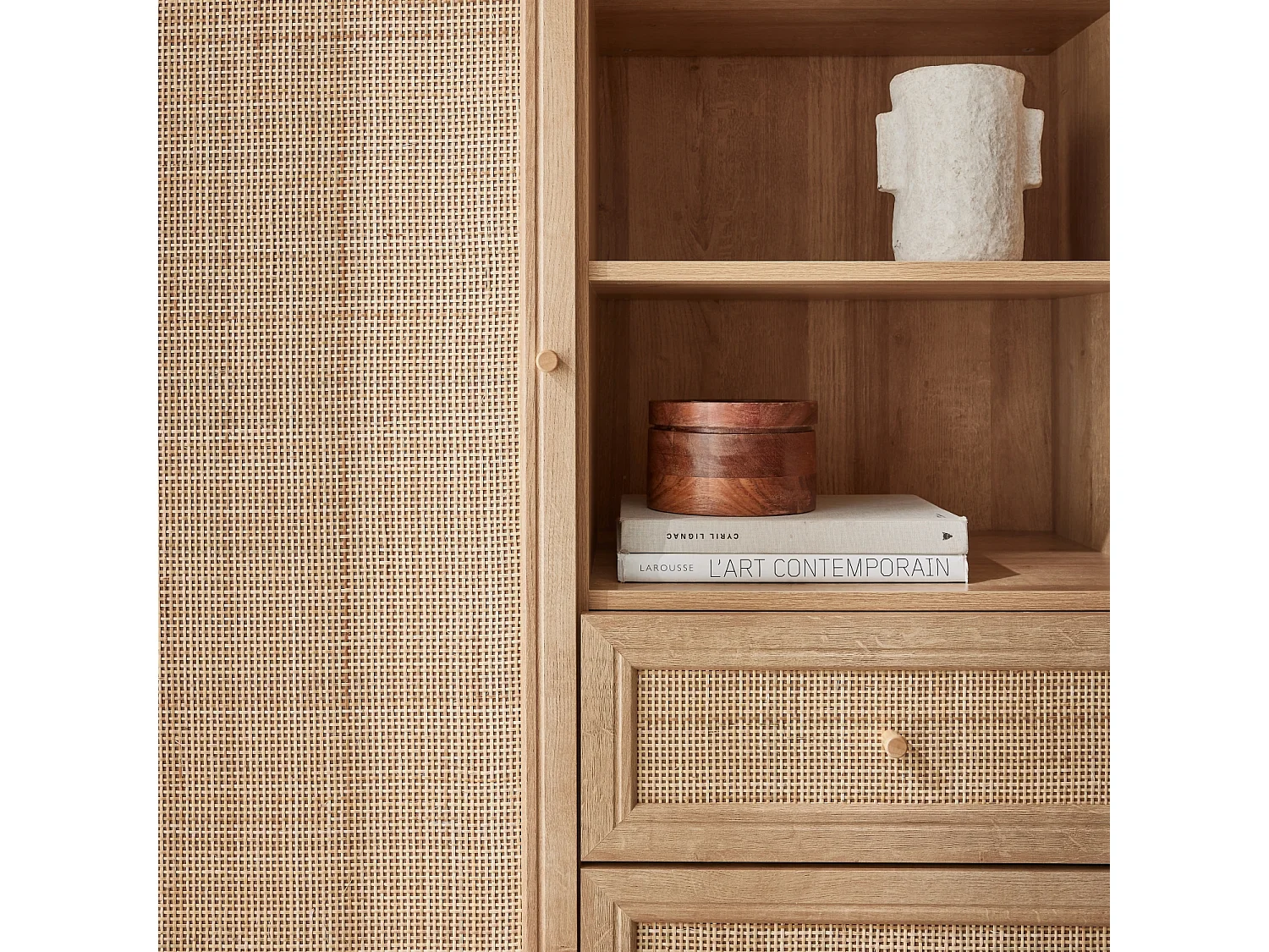 Credenza con decoro in canna e legno, 101.5cm, marrone naturale