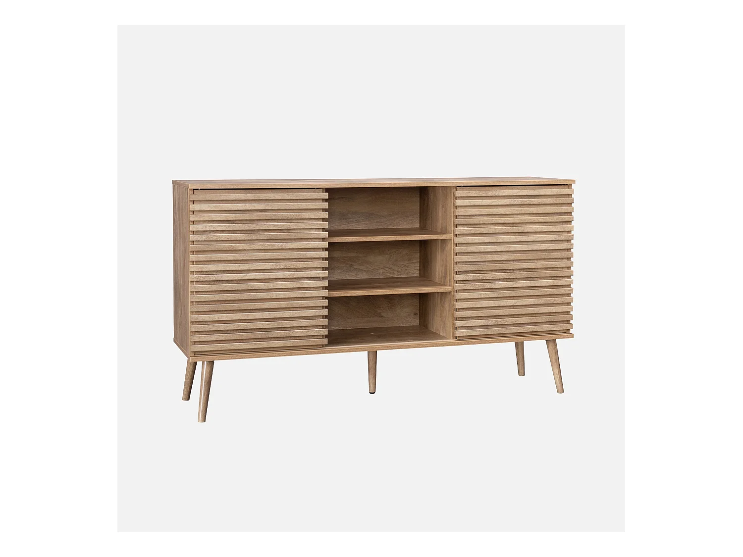Buffet scandinave décor bois avec 2 portes coulissantes rainurées et 4 étagères. buffet bas. L 140
