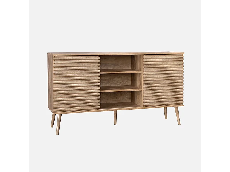 Buffet scandinave décor bois avec 2 portes coulissantes rainurées et 4 étagères. buffet bas. L 140
