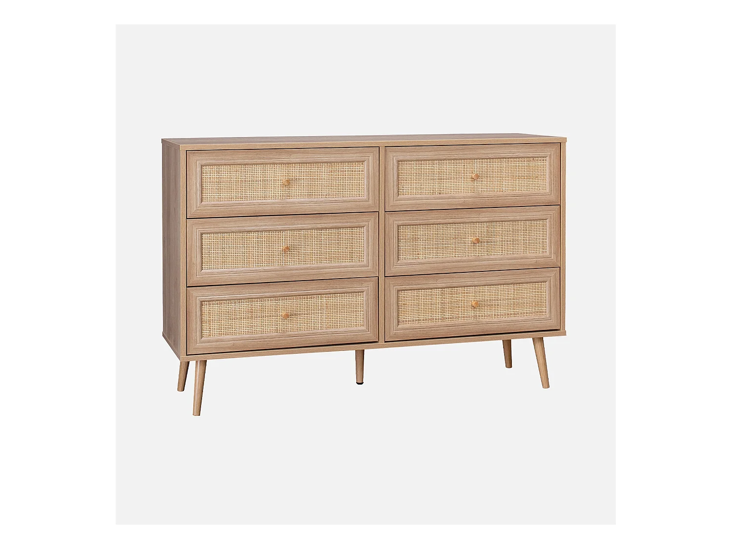 Commode effet bois et cannage 6 tiroirs Bohème. couleur naturelle - 120x39x79cm