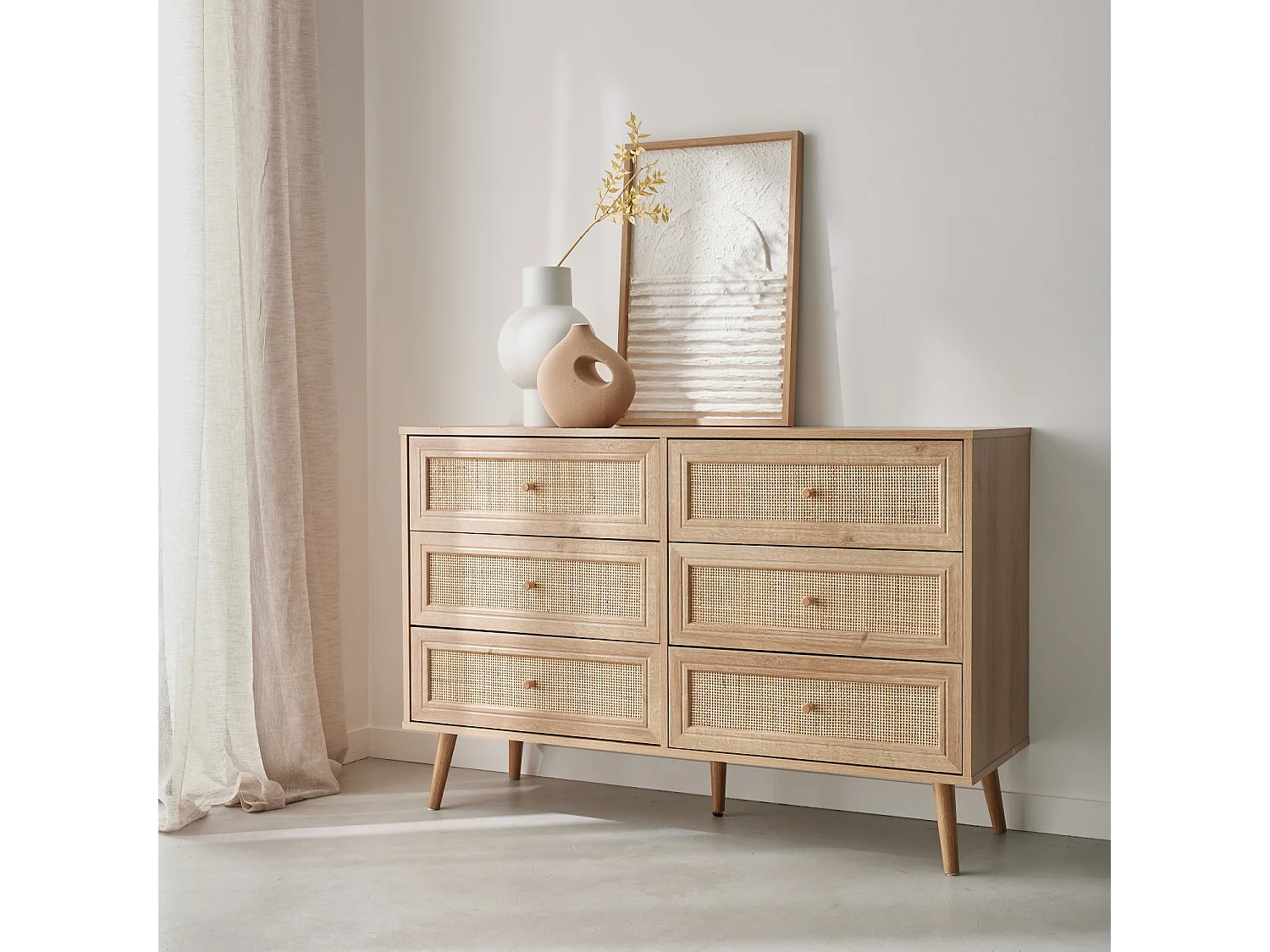 Commode décor bois et cannage 6 tiroirs Bohème. couleur naturelle - 120x39x79cm