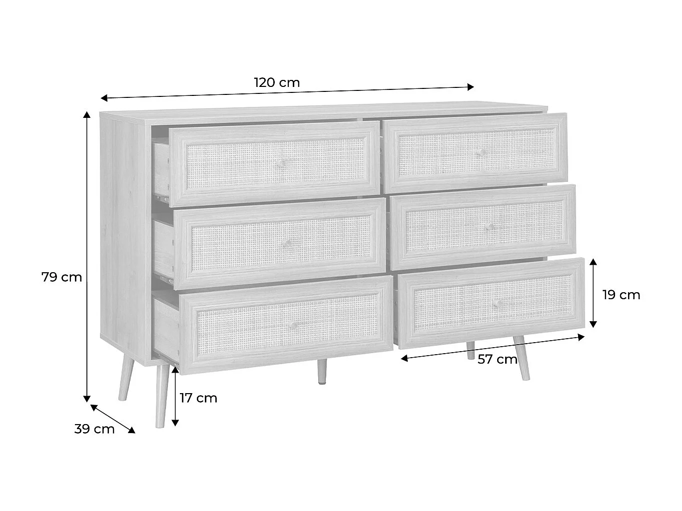Commode décor bois et cannage 6 tiroirs Bohème. couleur naturelle - 120x39x79cm