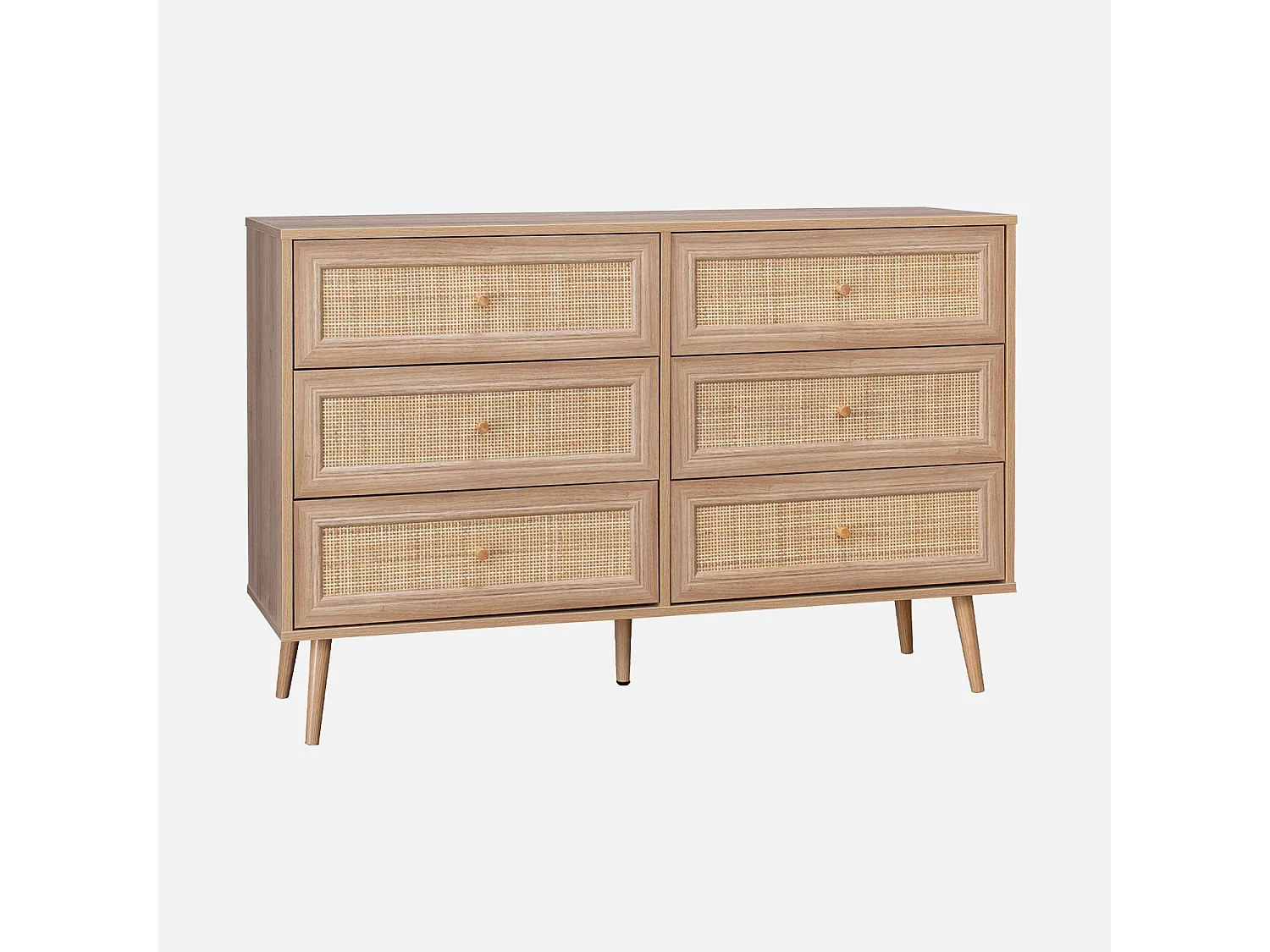 Cómoda de 6 cajones con efecto madera y caña natural