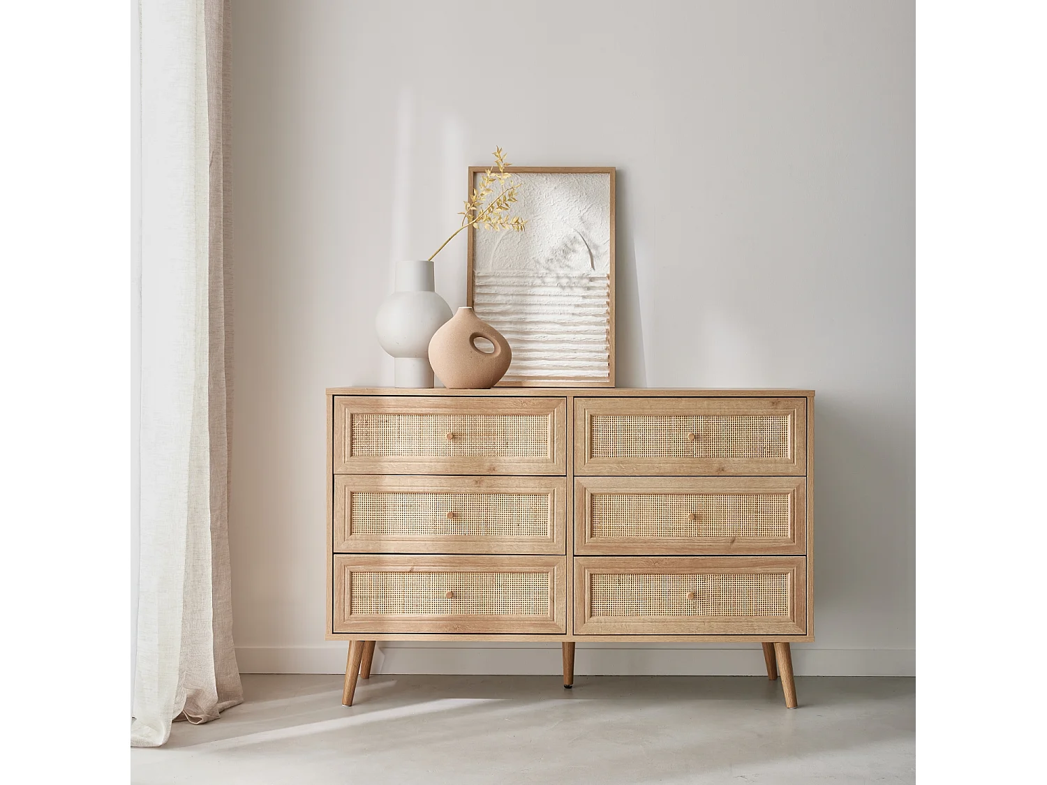 Cómoda de 6 cajones con efecto madera y caña natural