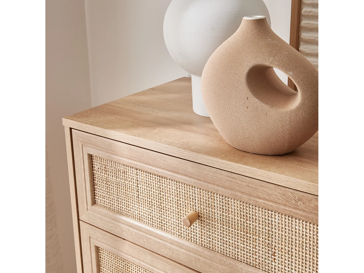 Cómoda de 6 cajones con efecto madera y caña natural