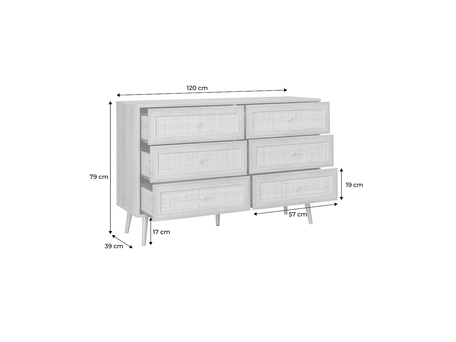 Commode décor bois et cannage 6 tiroirs Bohème. couleur naturelle - 120x39x79cm
