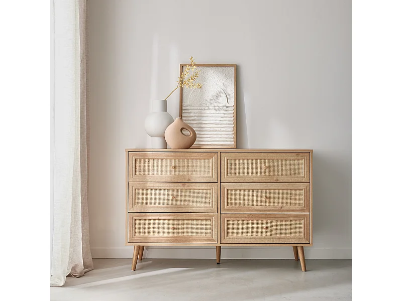 Commode décor bois et cannage 6 tiroirs Bohème. couleur naturelle - 120x39x79cm