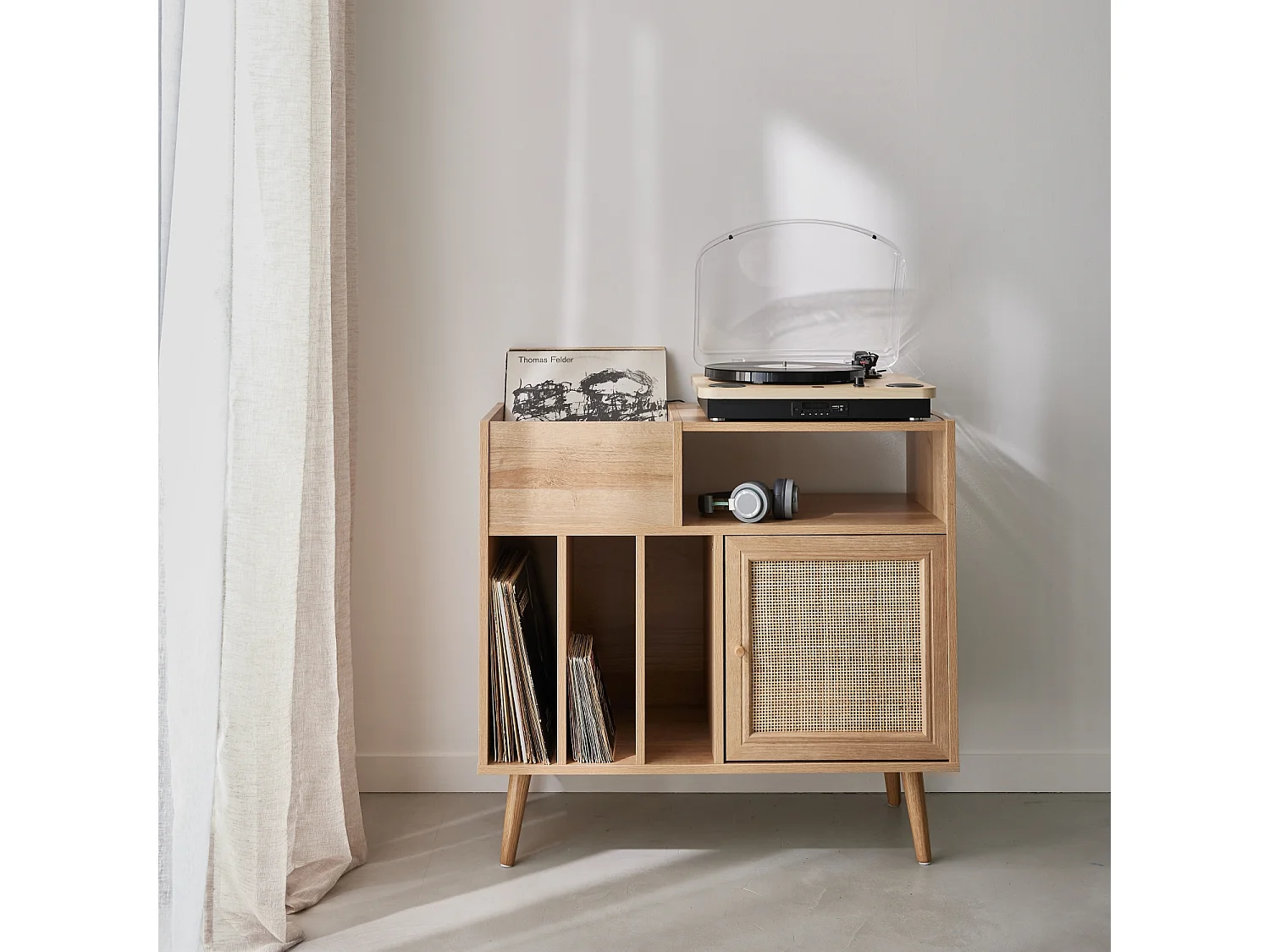 Meuble vinyle cannage et décor bois Bohème 1 porte et 4 casiers 83cm