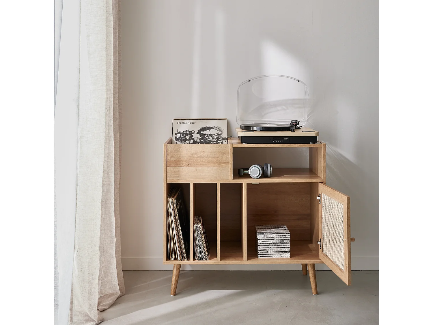Meuble vinyle cannage et décor bois Bohème 1 porte et 4 casiers 83cm