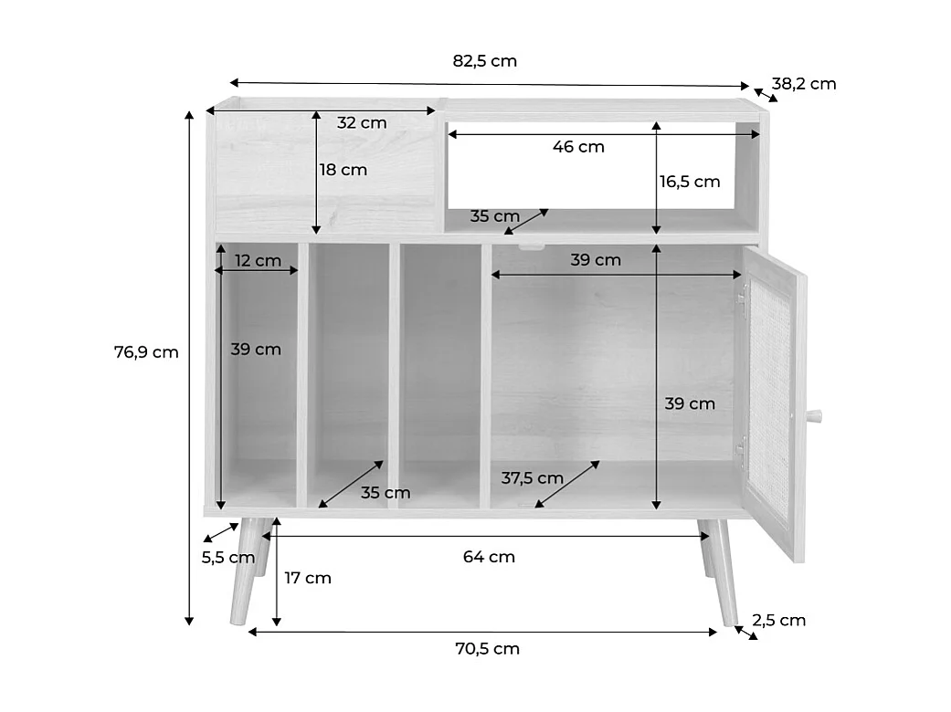 Meuble vinyle cannage et décor bois Bohème 1 porte et 4 casiers 83cm