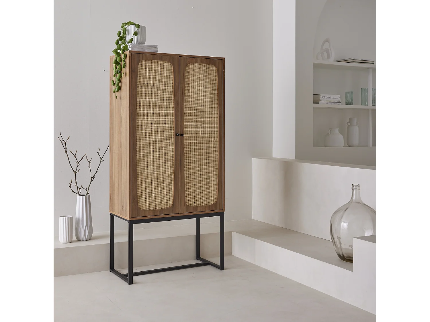 Credenza a 2 ante in canna e legno, 165cm, marrone naturale