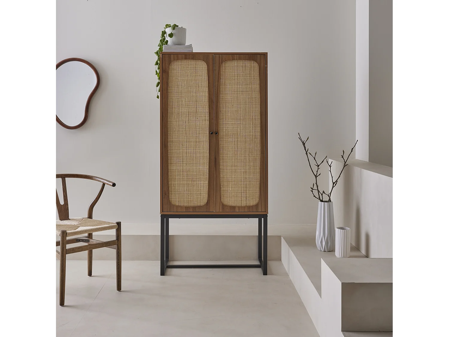 Credenza a 2 ante in canna e legno, 165cm, marrone naturale