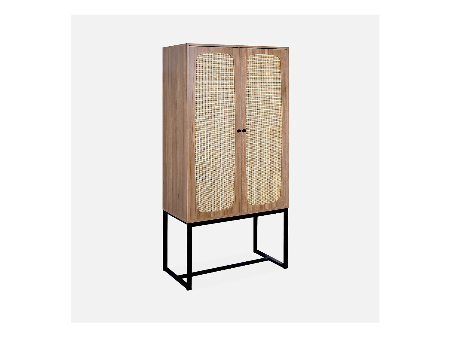 Buffet rétro décor bois foncé et cannage 2 portes avec pieds en métal noir H165cm