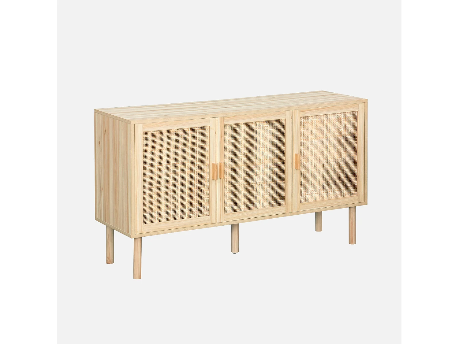 Credenza in vimini ed effetto legno a 3 ante, 120cm, marrone naturale