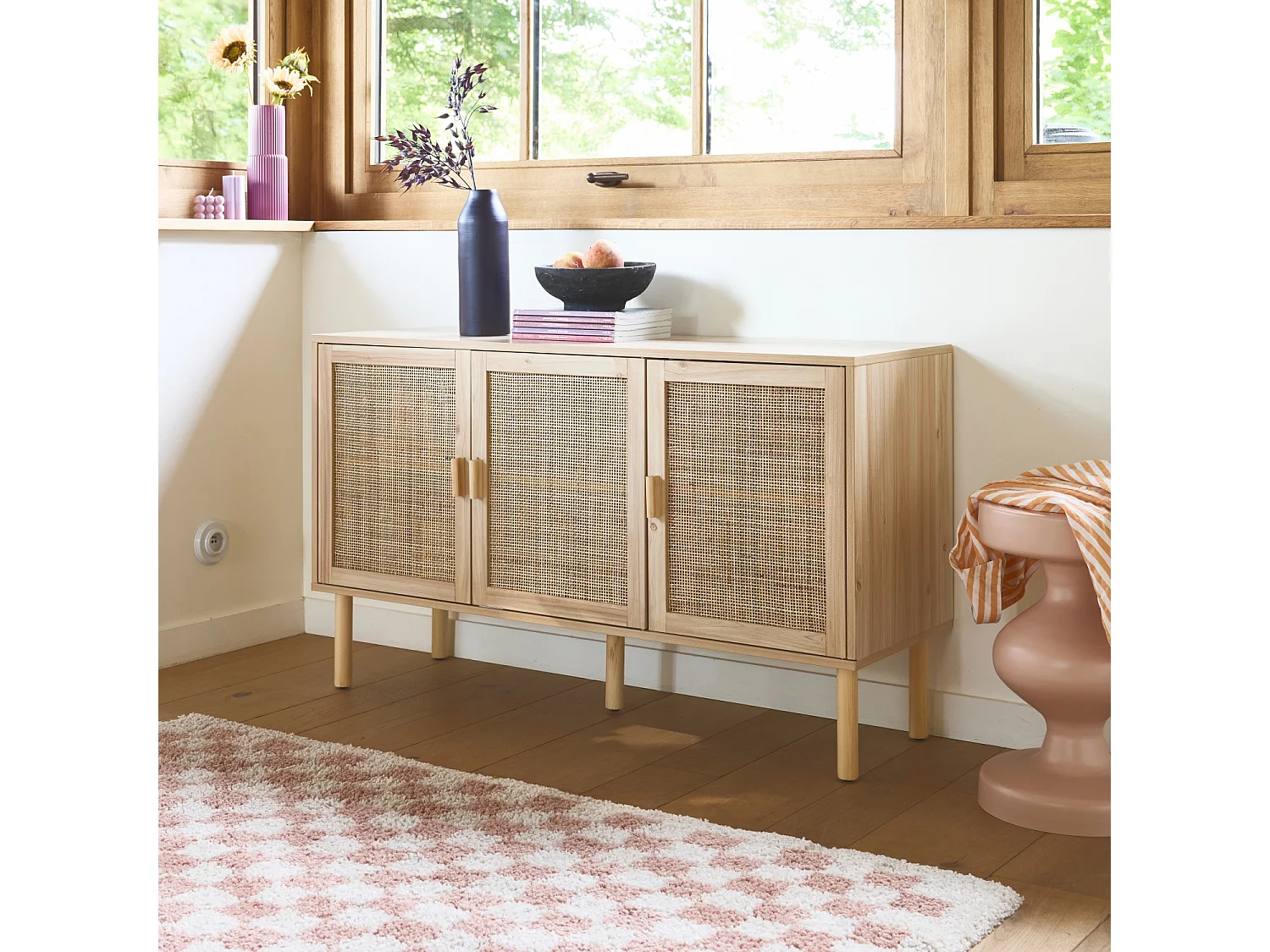 Credenza in vimini ed effetto legno a 3 ante, 120cm, marrone naturale
