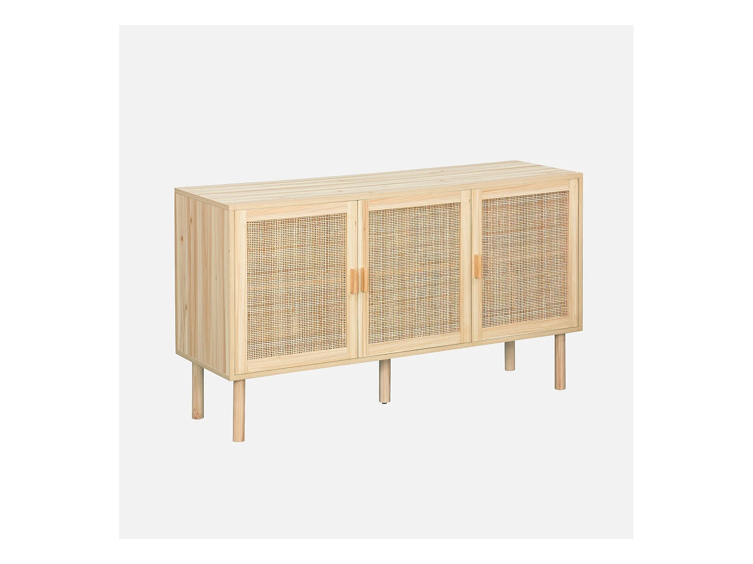 Buffet 3 portes et 3 étagères cannage et effet bois. Piètement et poignées en bois de sapin. buffet bas. L 120 x P 39 x H 70cm CAMARGUE