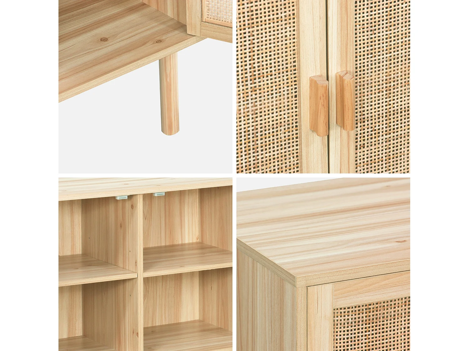 Credenza in vimini ed effetto legno a 3 ante, 120cm, marrone naturale