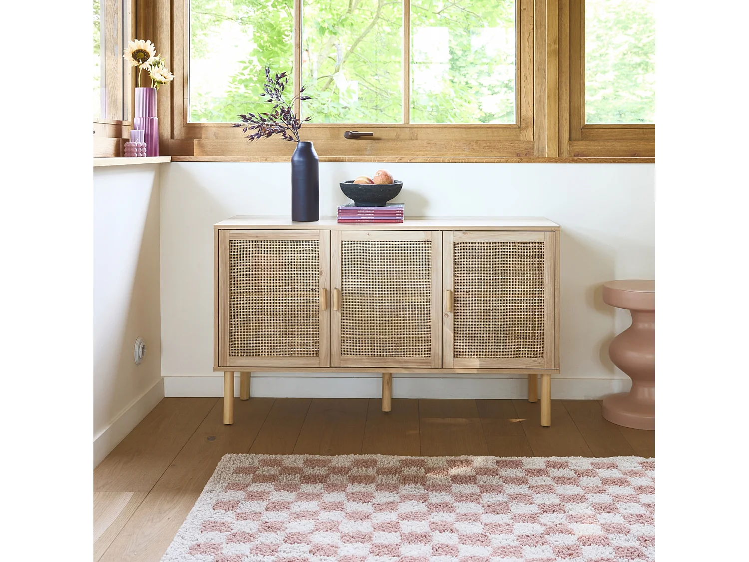 Credenza in vimini ed effetto legno a 3 ante, 120cm, marrone naturale