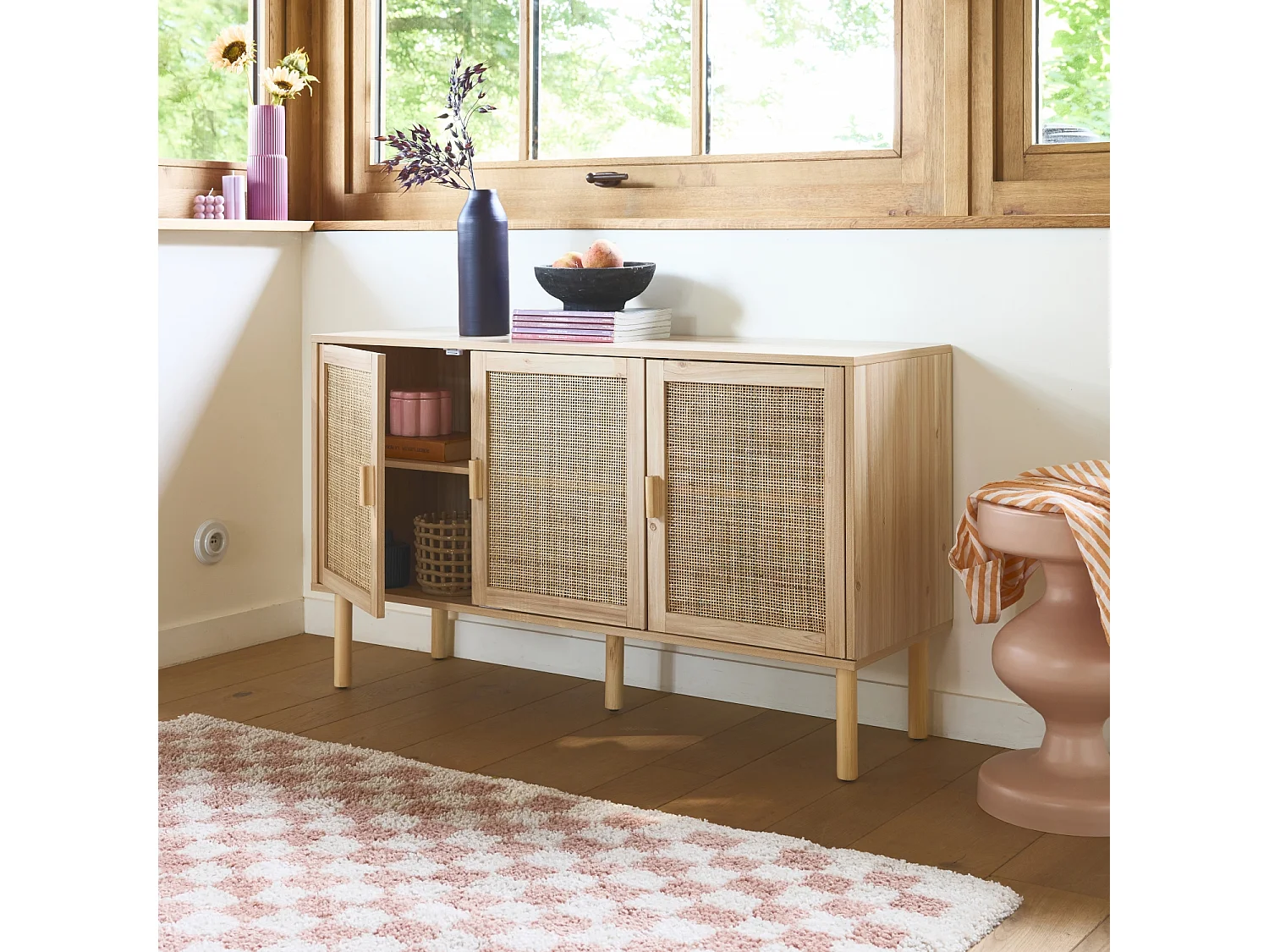 Credenza in vimini ed effetto legno a 3 ante, 120cm, marrone naturale