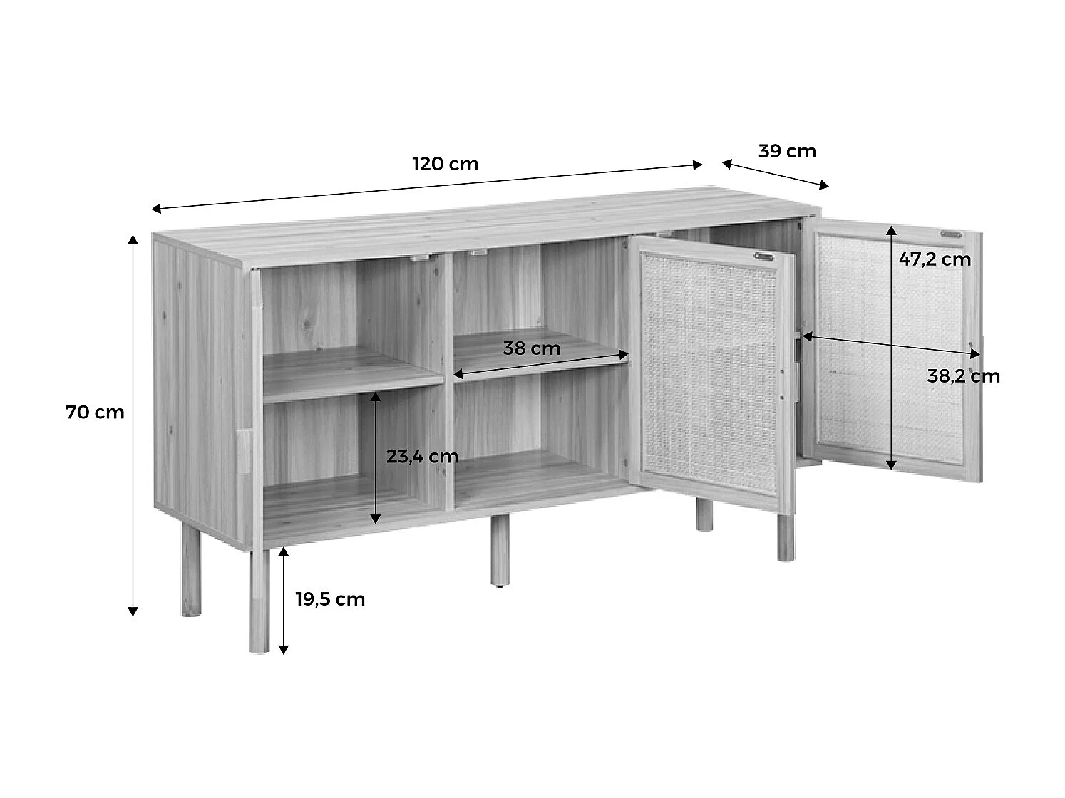 Credenza in vimini ed effetto legno a 3 ante, 120cm, marrone naturale