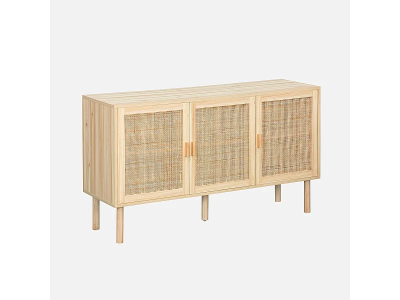 Buffet 3 portes et 3 étagères cannage et effet bois. Piètement et poignées en bois de sapin. buffet bas. L 120 x P 39 x H 70cm CAMARGUE