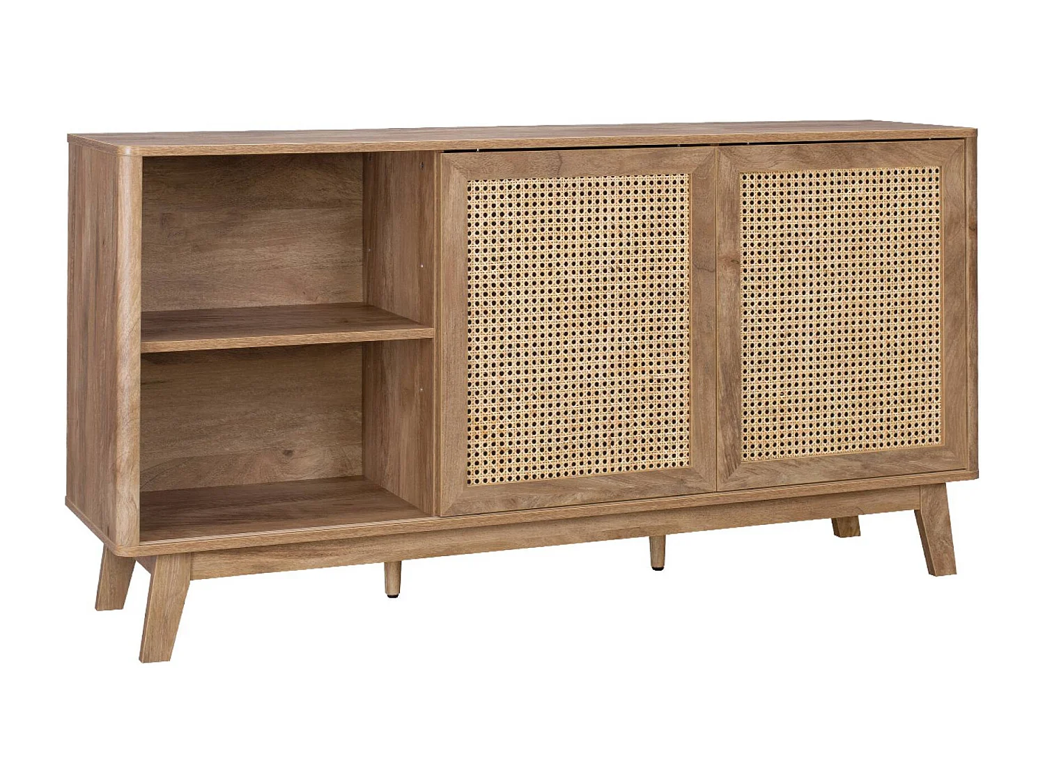 Aparador con 2 puertas correderas y estantes efecto madera y caña,