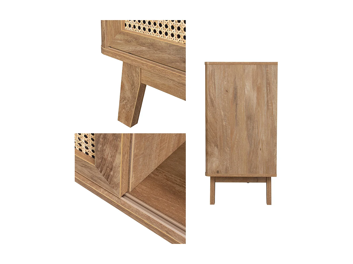 Aparador con 2 puertas correderas y estantes efecto madera y caña,