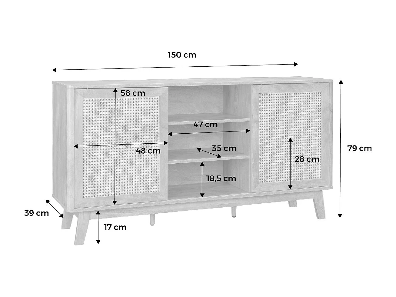 Aparador con 2 puertas correderas y estantes efecto madera y caña,