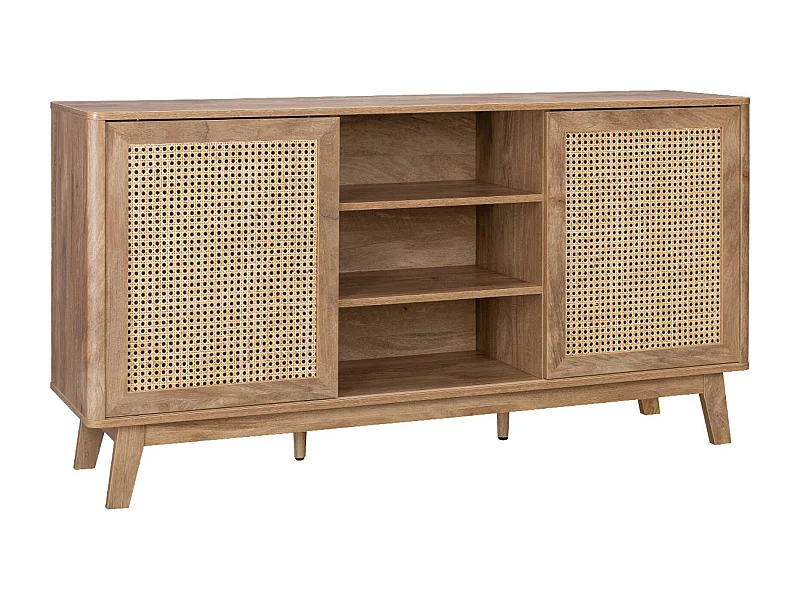 Buffet avec 2 portes coulissantes et étagères. décor bois et détails cannage. buffet bas. 150cm