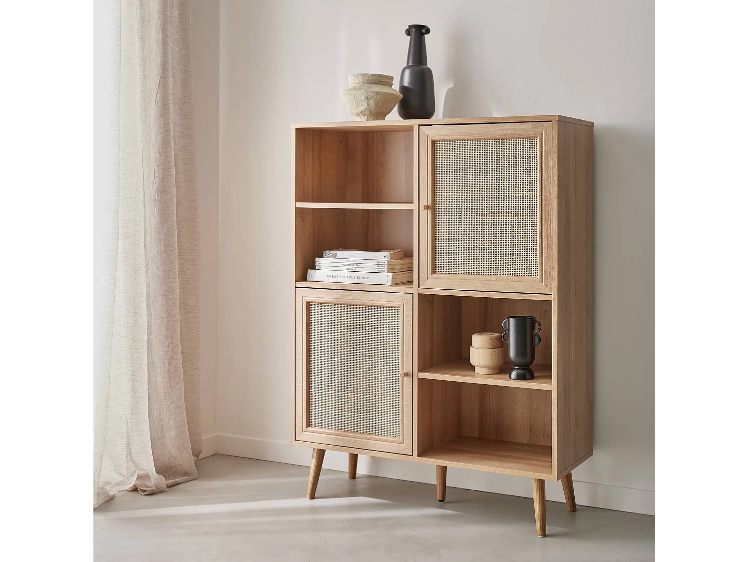 Credenza a 2 ante in canna e legno 101.5cm, marrone naturale