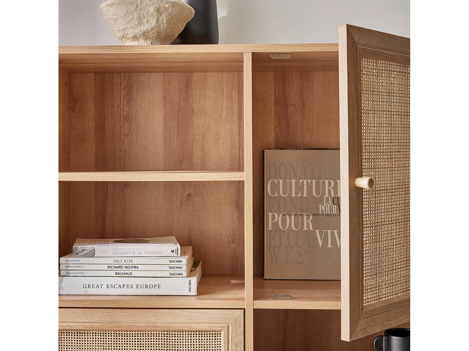 Credenza a 2 ante in canna e legno 101.5cm, marrone naturale