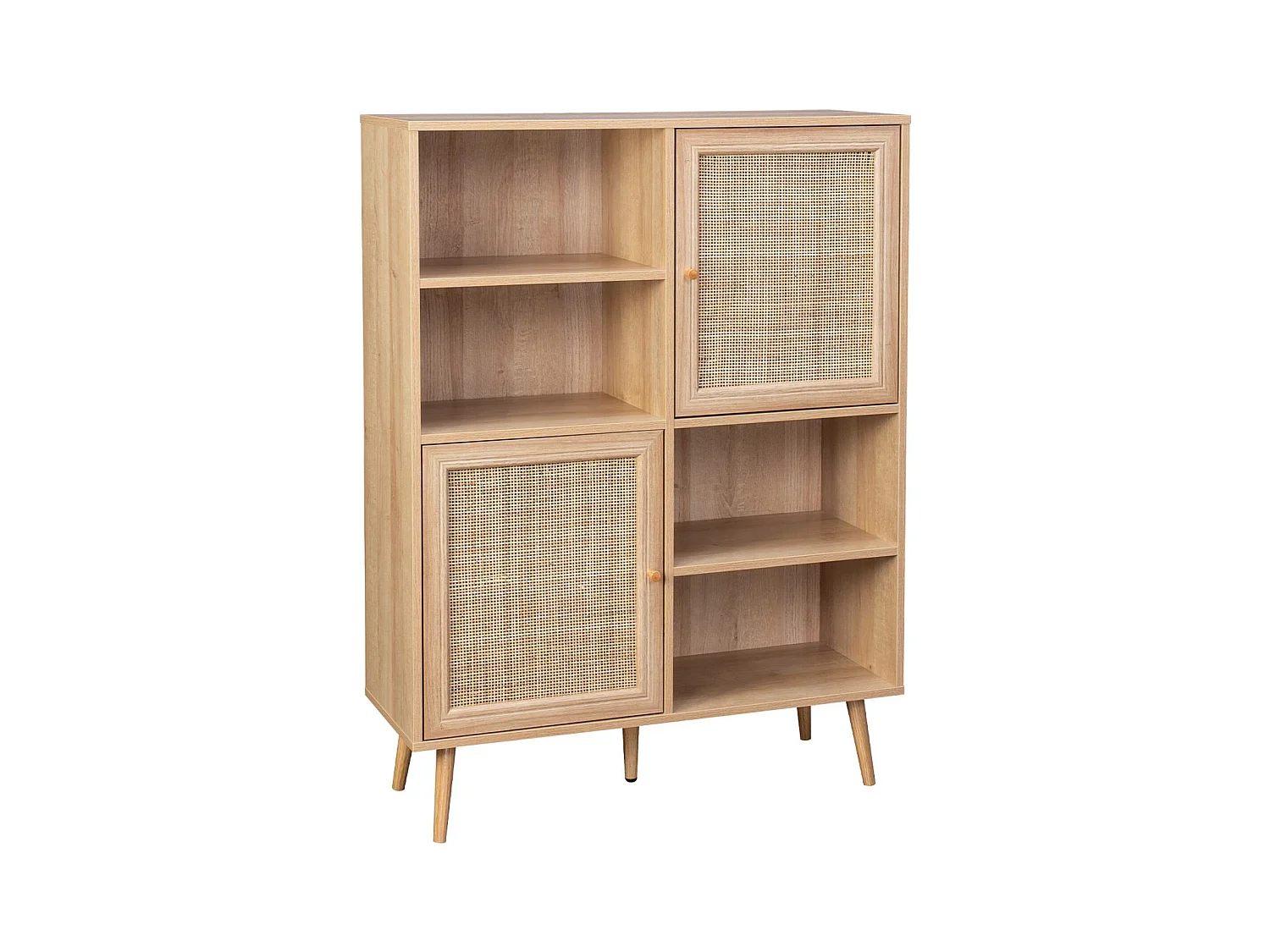Buffet de rangement cannage et effet bois. buffet haut. vaisselier. 2 portes et 2 étagères style bohème 90cm