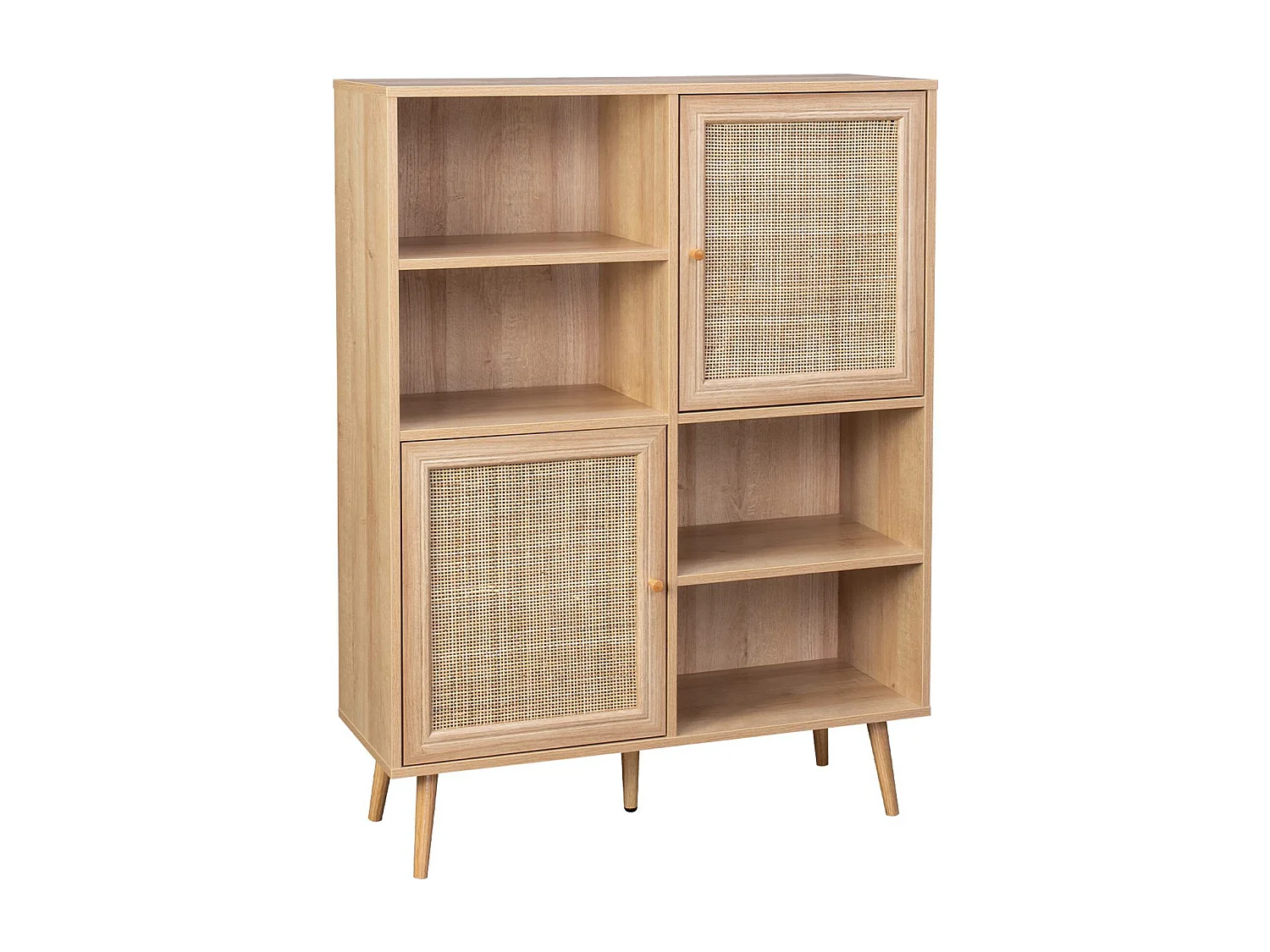 Buffet de rangement cannage et décor bois. buffet haut. vaisselier. 2 portes et 2 étagères style bohème 90cm