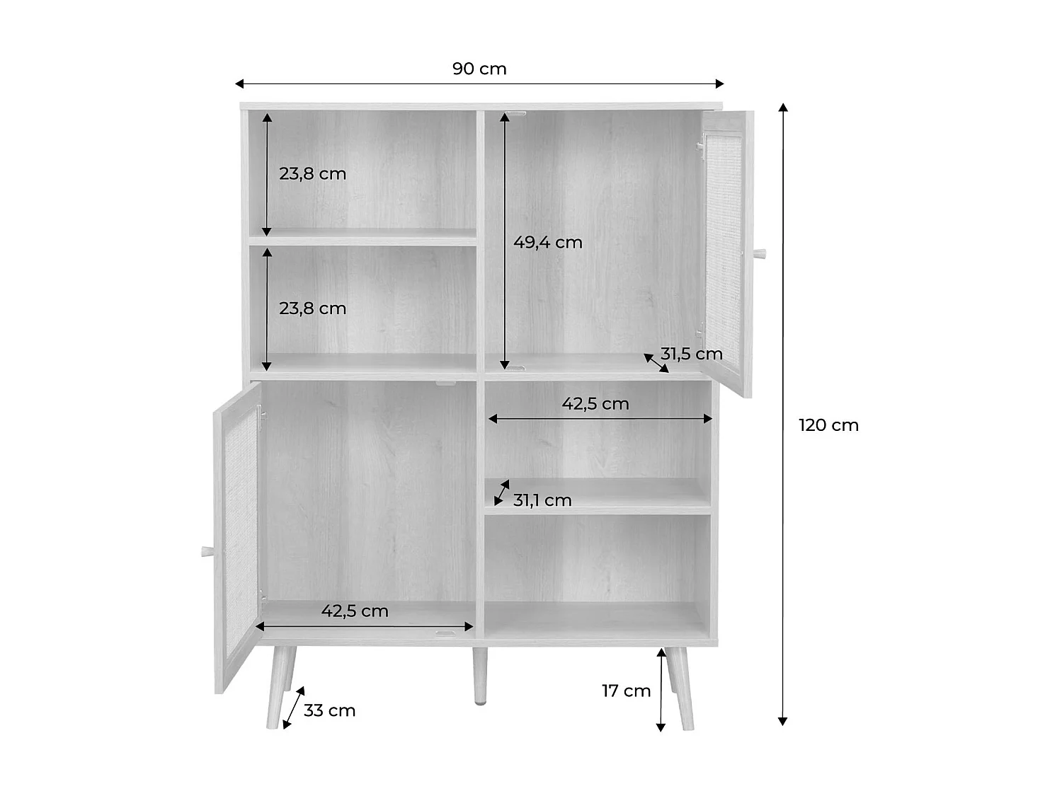 Buffet de rangement cannage et décor bois. buffet haut. vaisselier. 2 portes et 2 étagères style bohème 90cm