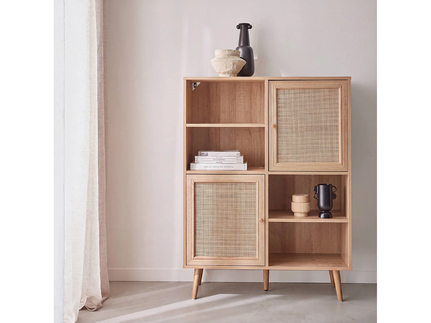 Credenza a 2 ante in canna e legno, 90cm Marrone naturale - 90x33x120 cm