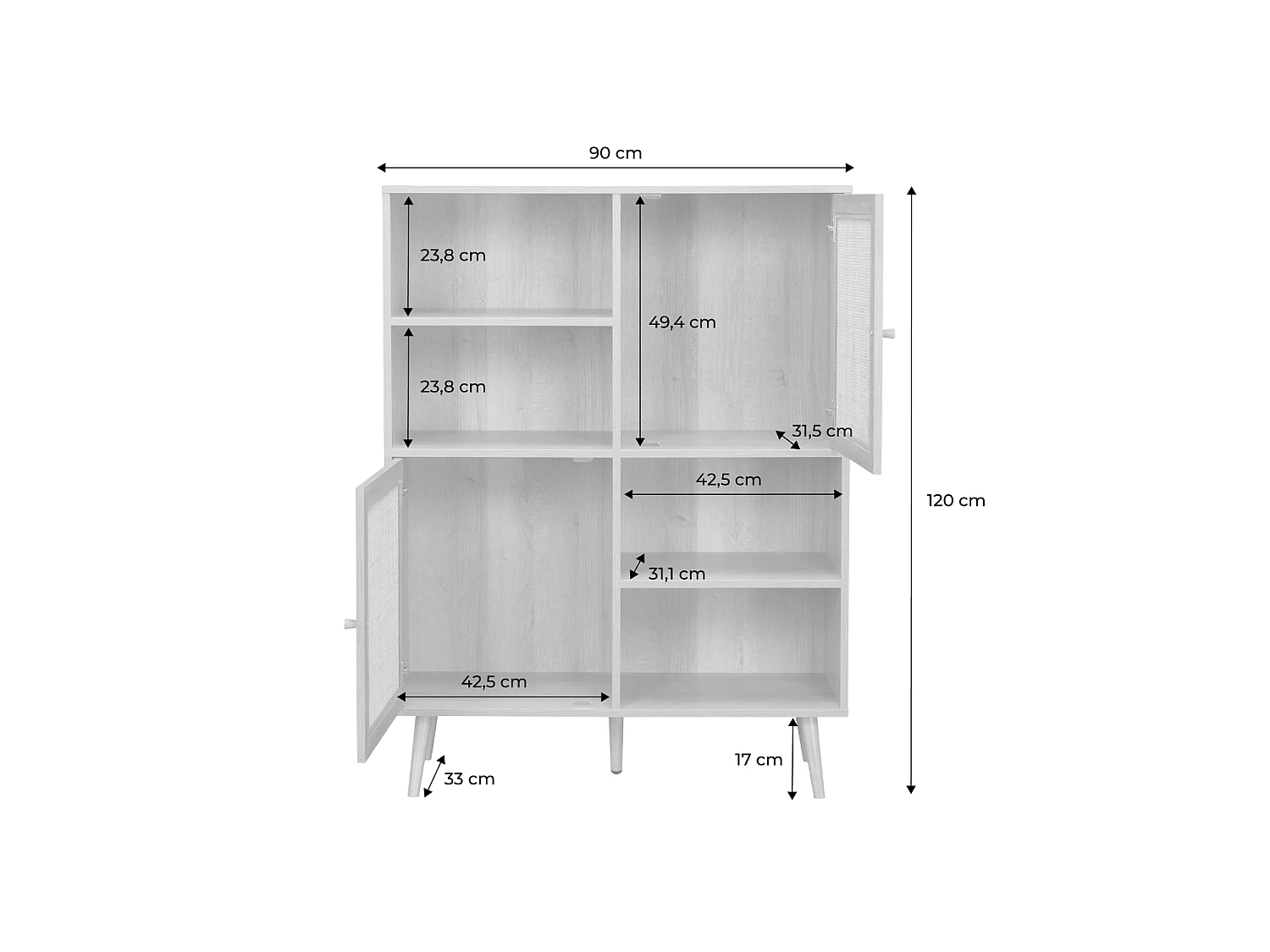 Credenza a 2 ante in canna e legno, 90cm Marrone naturale - 90x33x120 cm