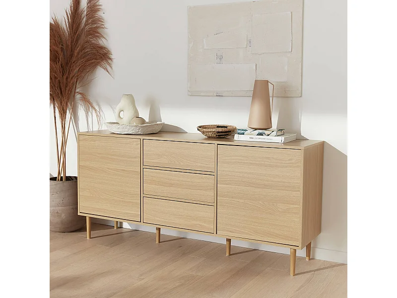 Buffet de rangement décor bois - Mika - 2 niveaux. 2 portes. 3 tiroirs. buffet bas. L 160 x l 40 x H 74cm