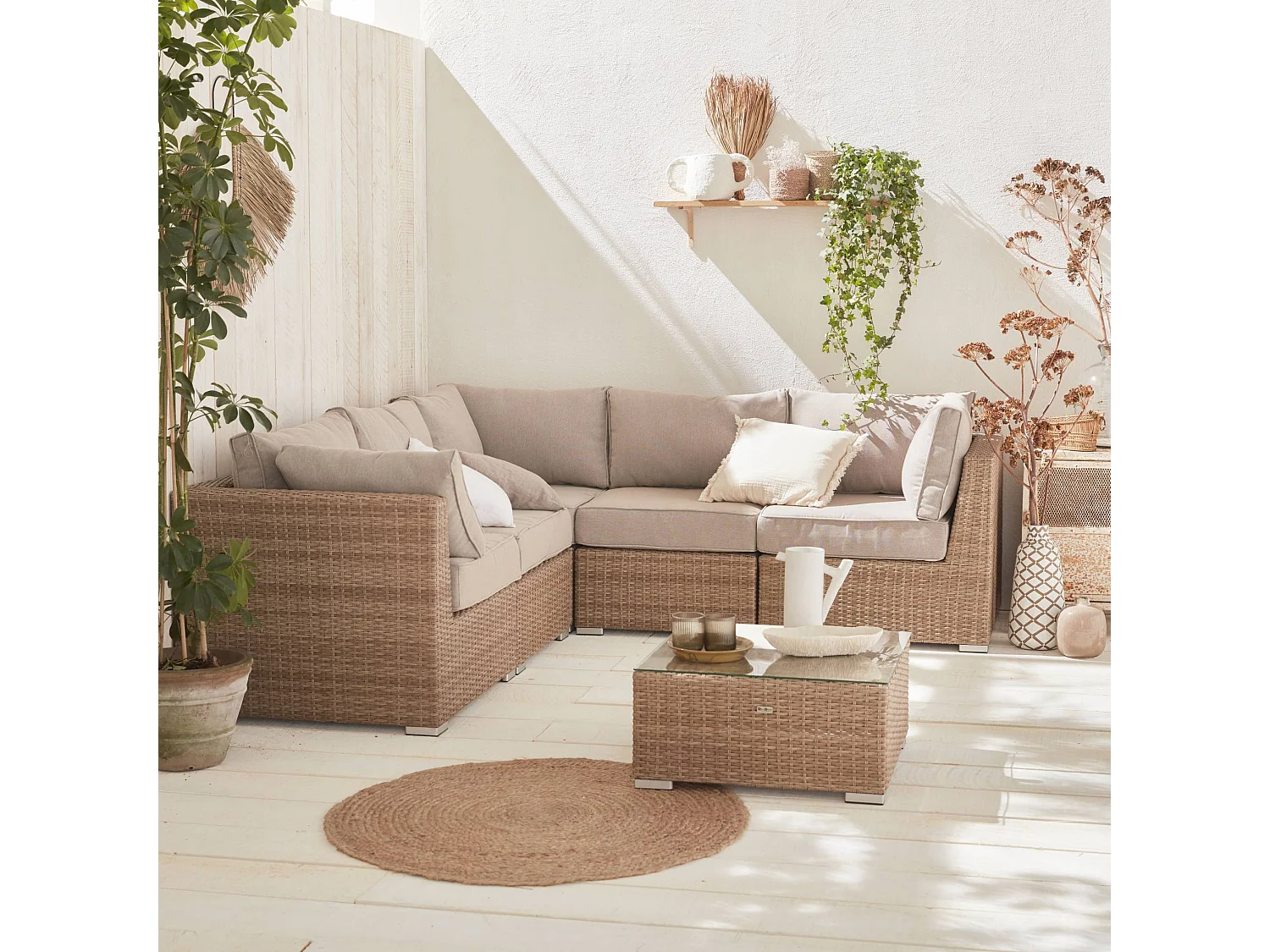 Salotti da giardino resina intrecciata rotonda 5 posti, marrone