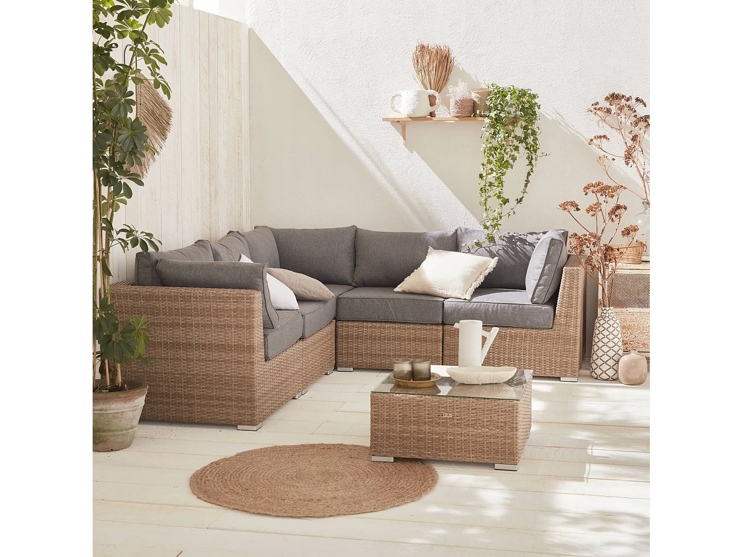 Conjunto de muebles de jardín de resina tejida, 5 plazas madera