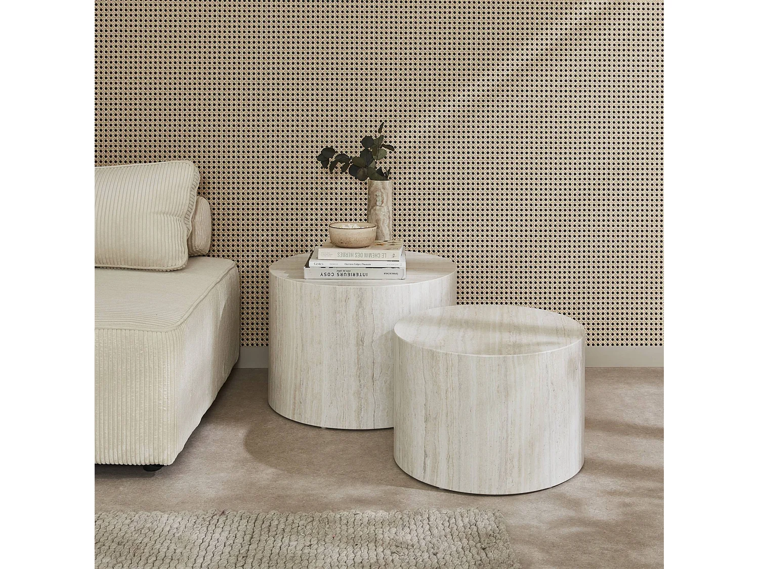 Lot de 2 tables basses PAROS rondes effet marbre blanc cassé. tables gigognes Ø58 x H 40cm / Ø50 x H 33cm