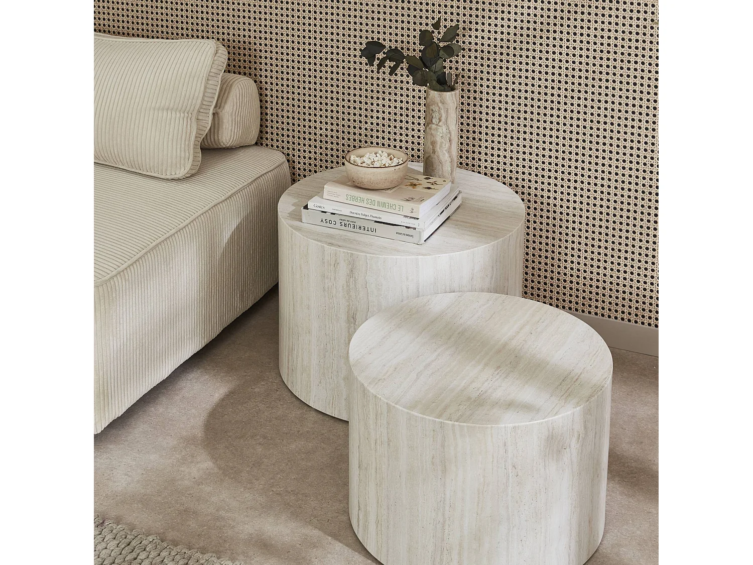 Lot de 2 tables basses PAROS rondes effet marbre blanc cassé. tables gigognes Ø58 x H 40cm / Ø50 x H 33cm