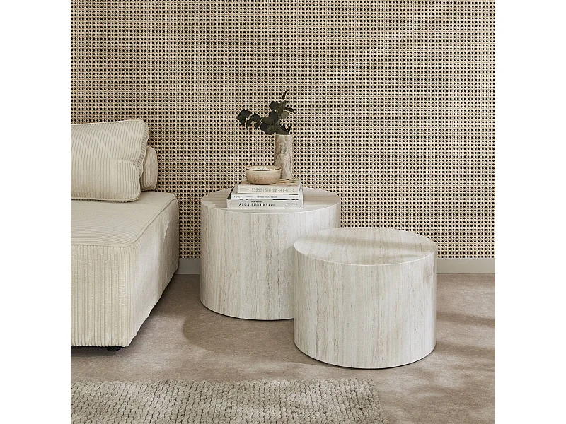 Mesita centro redonda efecto mármol, set de 2 blanco