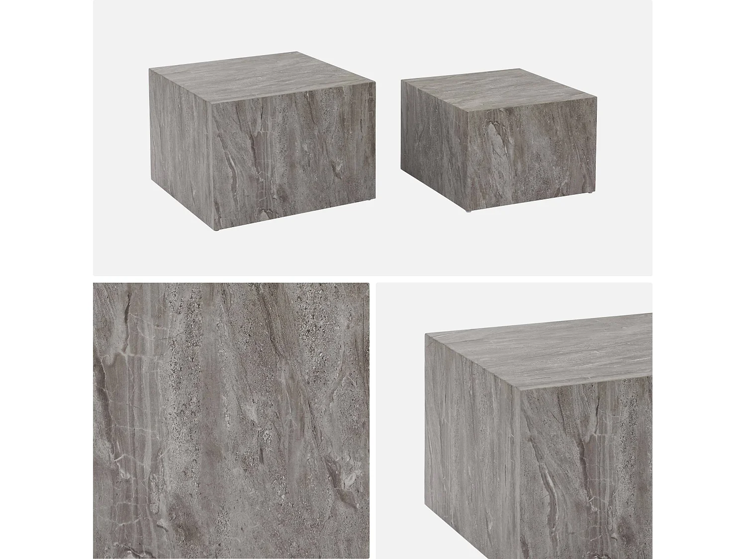 Lot de 2 tables basses effet marbre gris PAROS.  L 58 x l 58 x H 40cm / L 50 x l 50 x H 33cm